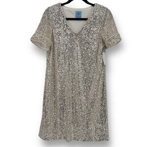 Cece Sequin V-Neck Cocktail Dress Womens Size XS Champagne Color Short Sleeves